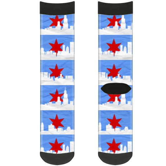 Sock Pair - Polyester - Chicago Skyline Flag Distressed Black White Red - CREW