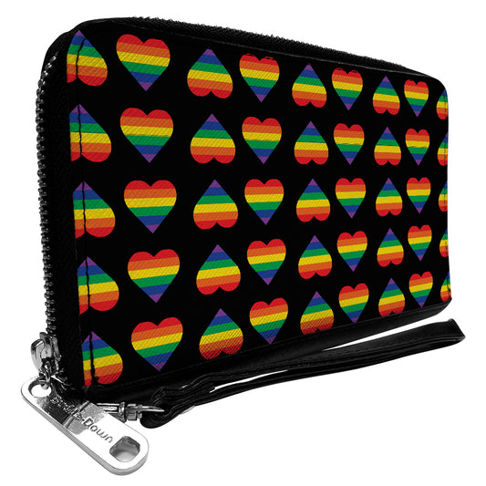 Women's PU Zip Around Wallet Rectangle - Rainbow Hearts Flip Black Multi Color