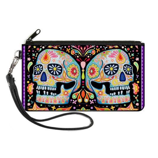 Canvas Zipper Wallet - SMALL - Twin Calaveras Floral Collage Black Multi Color