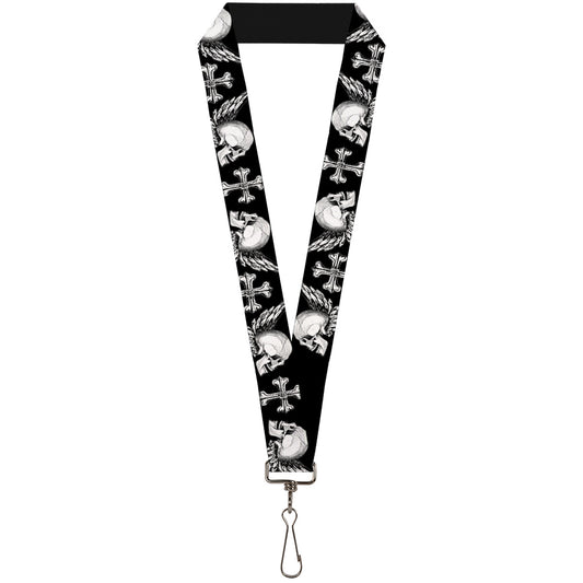 Lanyard - 1.0" - BD Skulls w Wings Black White