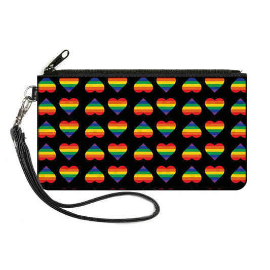 Canvas Zipper Wallet - LARGE - Rainbow Hearts Flip Black Multi Color