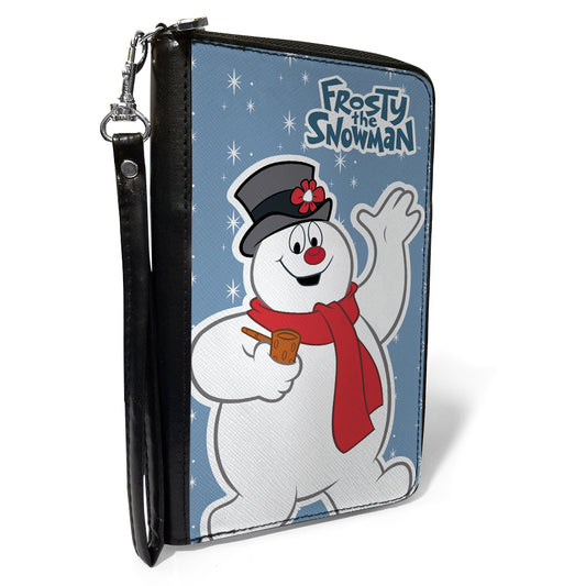Women's PU Zip Around Wallet Rectangle - FROSTY THE SNOWMAN Waving Pose Blue White