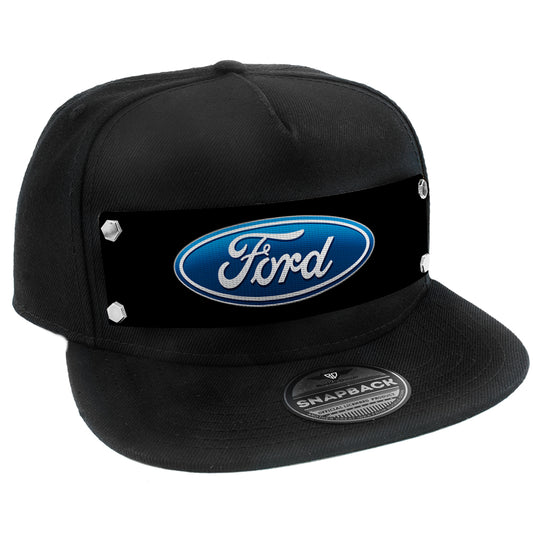 Embellishment Snap Back Hat BLACK - Full Color Strap - Ford Oval Logo Black Blue