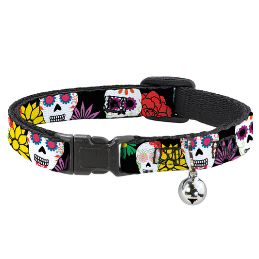 Cat Collar Breakaway - Sugar Skulls & Flowers Black Multi Color