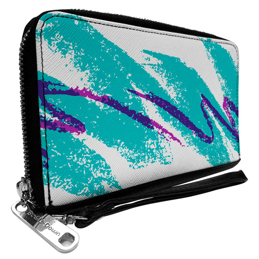 Women's PU Zip Around Wallet Rectangle - Jazzy Wave Scribble White Teal Purple