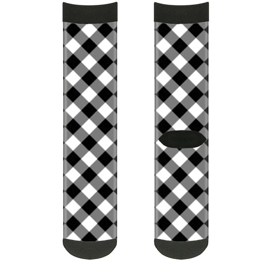 Sock Pair - Polyester - Diagonal Buffalo Plaid Black White - CREW