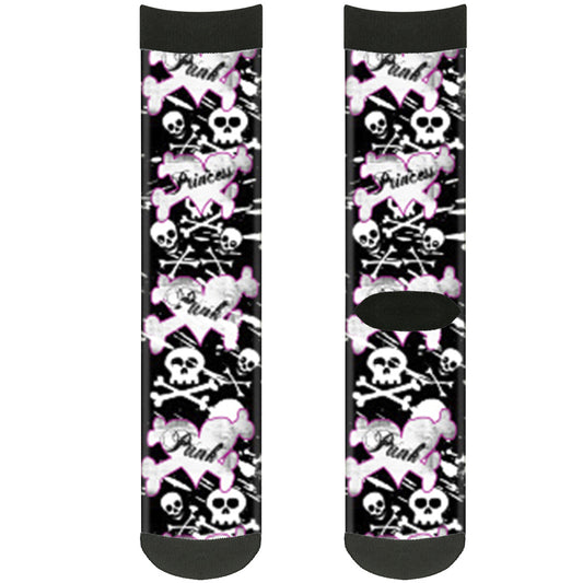 Sock Pair - Polyester - Punk Princess Heart & Cross Bones w Skulls & Splatter Black White - CREW