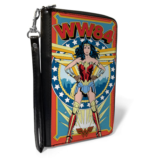Women's PU Zip Around Wallet Rectangle - Wonder Woman WW84 Standing Pose Stars Reds Yellows Blues