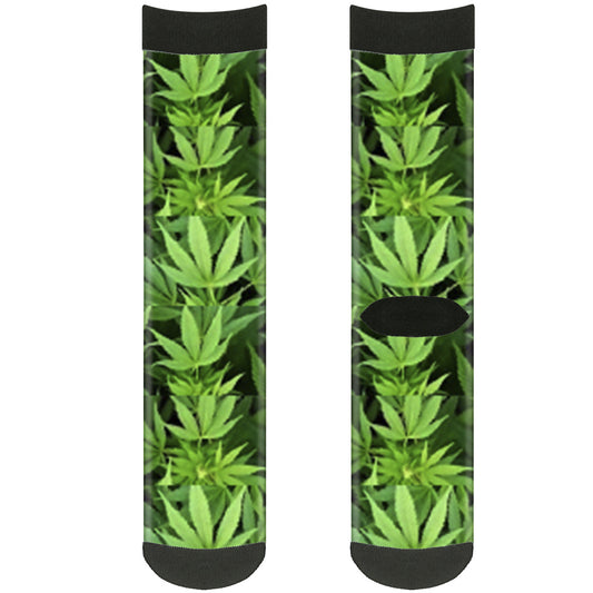 Sock Pair - Polyester - Vivid Marijuana Leaves Stacked3 Greens - CREW