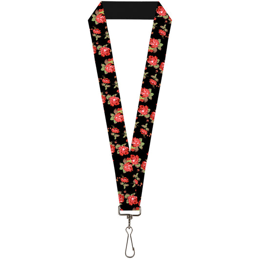 Lanyard - 1.0" - Red Roses Scattered Black