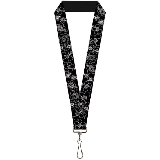 Lanyard - 1.0" - Hibiscus Outline Black White