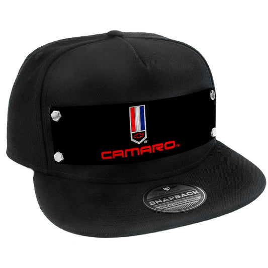 Embellishment Snap Back Hat BLACK - Full Color Strap - CAMARO Badge2 Black Red White Blue