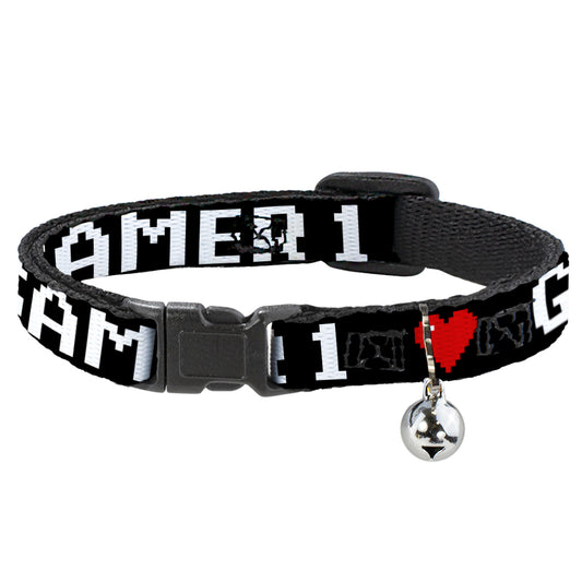 Cat Collar Breakaway - GAMER 1 Heart 8-Bit Black White Red