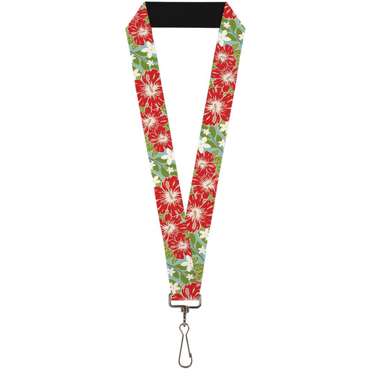 Lanyard - 1.0" - Hibiscus & Plumerias Turquoise Greed Red White