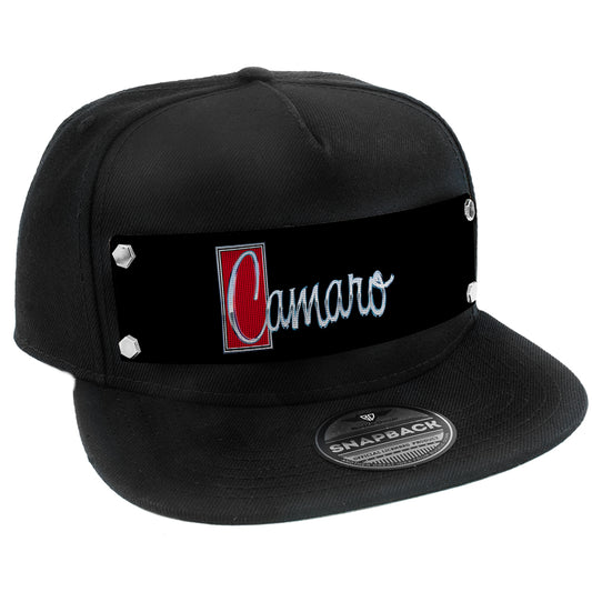 Embellishment Snap Back Hat BLACK - Full Color Strap - 1972 CAMARO Script Emblem Black Silver Reds
