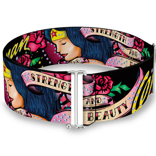 Cinch Waist Belt - WONDER WOMAN Roses STRENGTH AND BEAUTY Black-Pink Fade