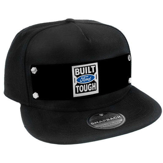 Embellishment Snap Back Hat BLACK - Full Color Strap - BUILT FORD TOUGH Logo2 Black White Blue
