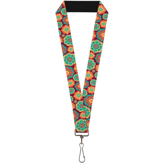 Lanyard - 1.0" - Boho Mandala Burgundy Yellow Turquoise Orange