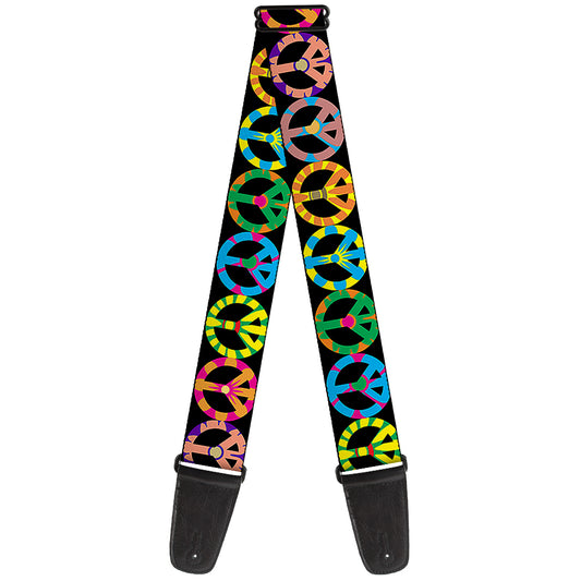 Guitar Strap - Peace Flowers Black Multi Color