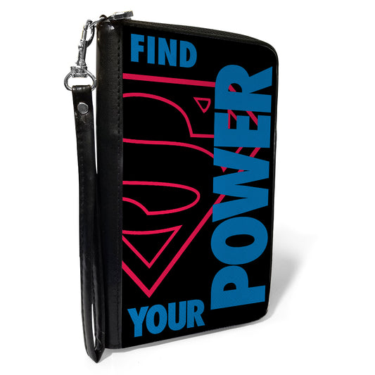 Women's PU Zip Around Wallet Rectangle - Superman Shield FIND YOUR POWER Black Red Blue
