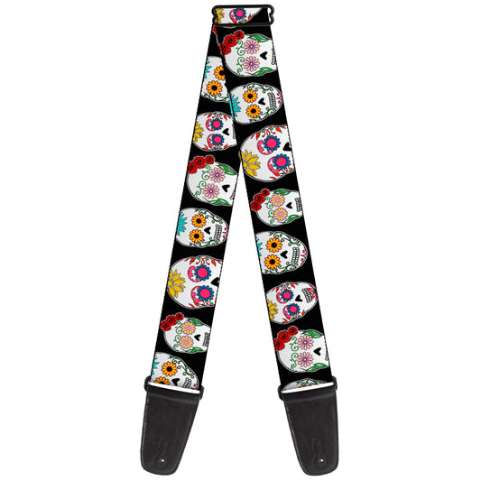 Guitar Strap - Sugar Skull Outline Black Multi Color