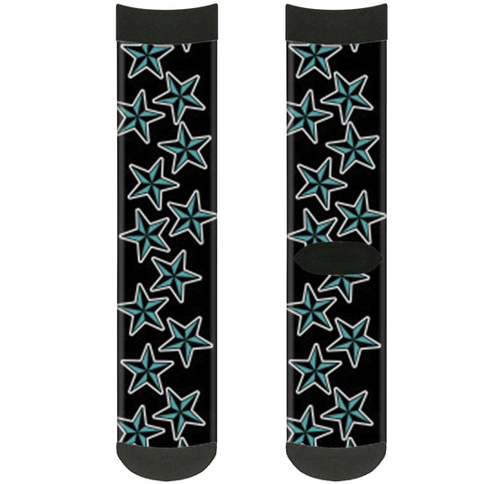 Sock Pair - Polyester - Nautical Stars Scattered Black Turquoise - CREW