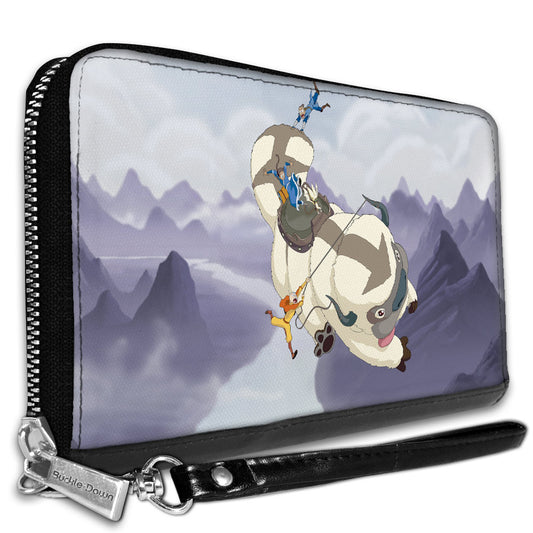 Women's PU Zip Around Wallet Rectangle - Avatar the Last Airbender Appa Carrying 4-Character Group Scene Over Mountains Grays