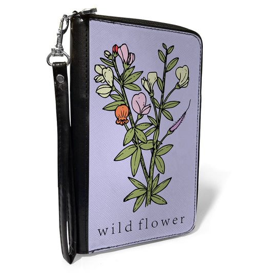 Women's PU Zip Around Wallet Rectangle - WILD FLOWER Floral Bouquet Lavender