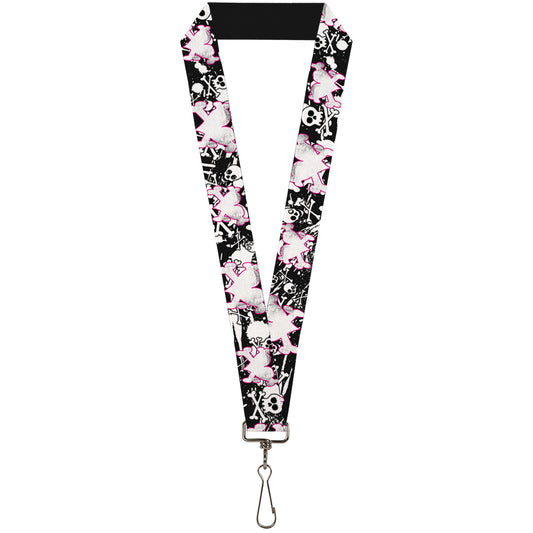 Lanyard - 1.0" - Heart & Cross Bones w Skulls & Splatter Black White