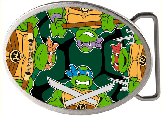 Classic TMNT Turtle Battle Poses Turtle Shell Framed FCG - Chrome Oval Rock Star Buckle