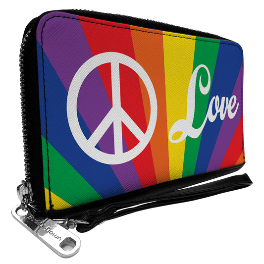 Women's PU Zip Around Wallet Rectangle - PEACE and LOVE Rainbow Rays Multi Color White
