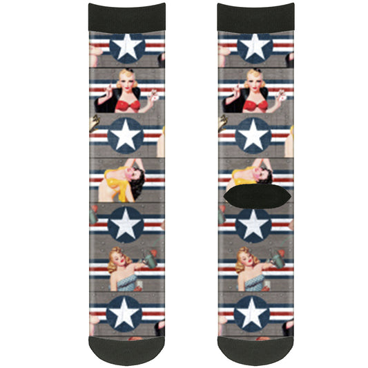 Sock Pair - Polyester - Pin Up Girl Poses CLOSE-UP Star & Stripes Gray Blue White Red - CREW