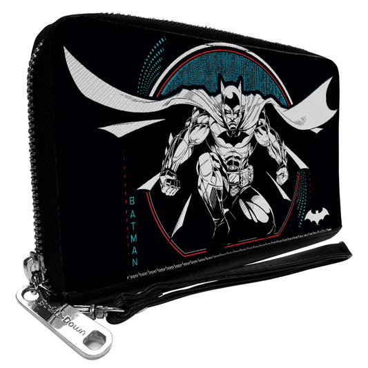 Women's PU Zip Around Wallet Rectangle - Batman Crouching Tech Action Pose Black White Blue Red