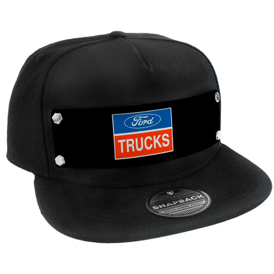 Embellishment Snap Back Hat BLACK - Full Color Strap - FORD TRUCKS Logo2 Black White Blue Red