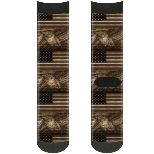Sock Pair - Polyester - Americana Eagle & Flag Rustic Wood Grain - CREW