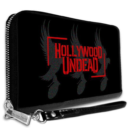 Women's PU Zip Around Wallet Rectangle - HOLLYWOOD UNDEAD Text Logo Tri-Dove & Grenade Icon Black Gray Red
