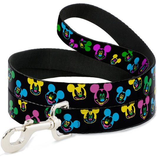 Dog Leash - Mickey Mouse Expressions Scattered Black/Multi Neon