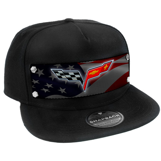 Embellishment Snap Back Hat BLACK - Full Color Strap - C6 Emblem Waving American Flag
