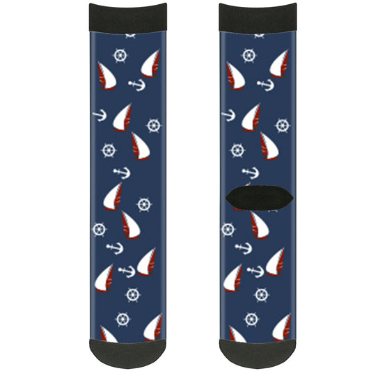 Sock Pair - Polyester - Sailboat Anchor Helm Scattered Navy White Red - CREW