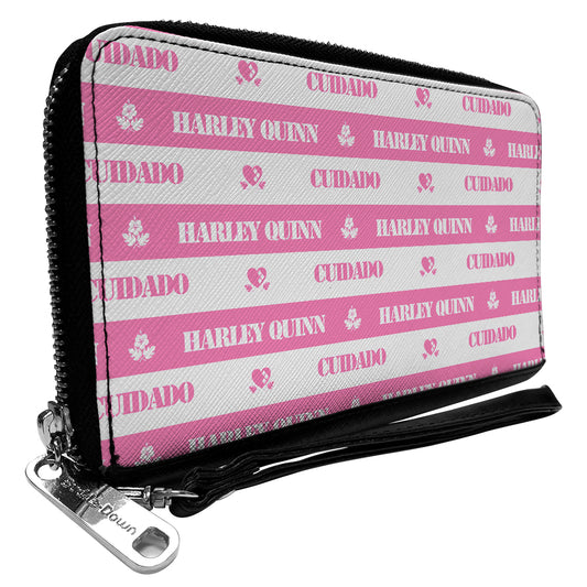 Women's PU Zip Around Wallet Rectangle - The Suicide Squad 2021 CUIDADO HARLEY QUINN Stripe Pink White