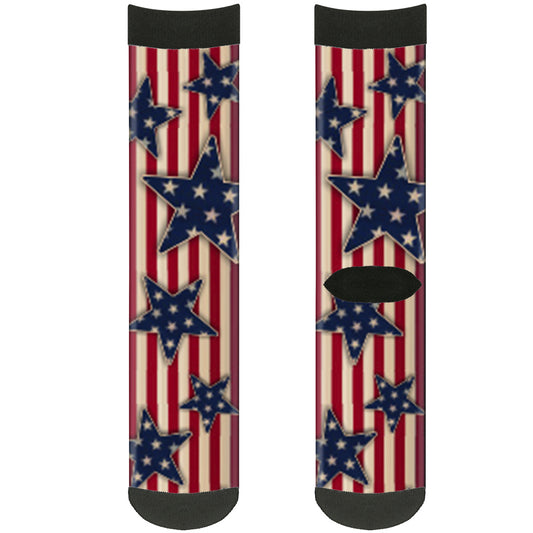 Sock Pair - Polyester - Americana Stars & Stripes Red White Blue White - CREW