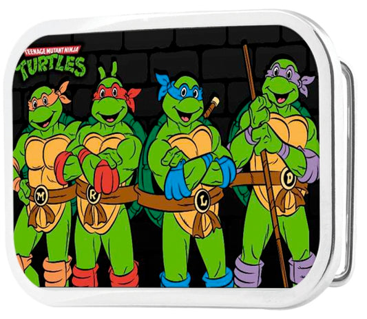 Classic Teenage Mutant Ninja Turtles Logo Group Pose Brickwall FCG - Chrome Rock Star Buckle