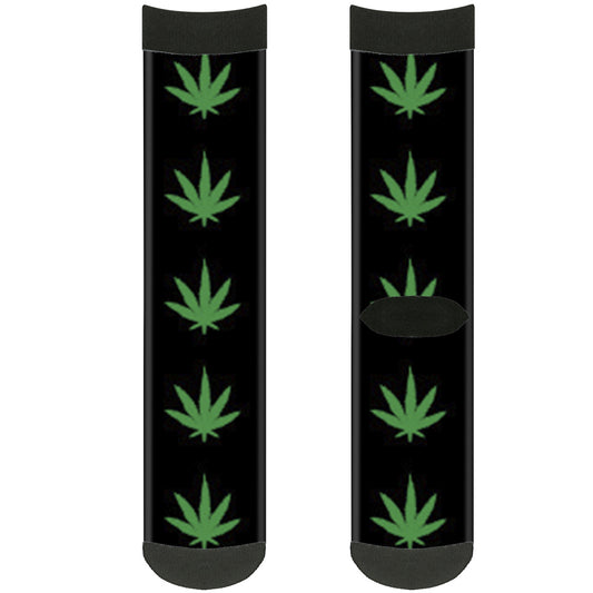 Sock Pair - Polyester - Marijuana Leaf Repeat Black Green - CREW