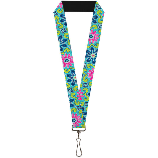 Lanyard - 1.0" - Floral Burst Turquoise Blues Pinks Yellow Green