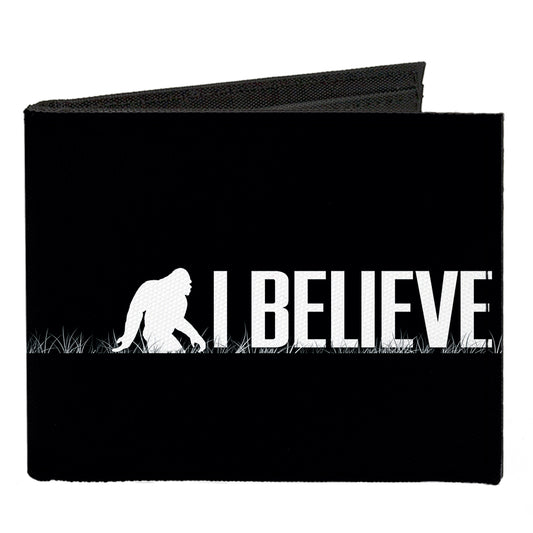 Canvas Bi-Fold Wallet - Bigfoot Silhouette I BELIEVE Black Gray White