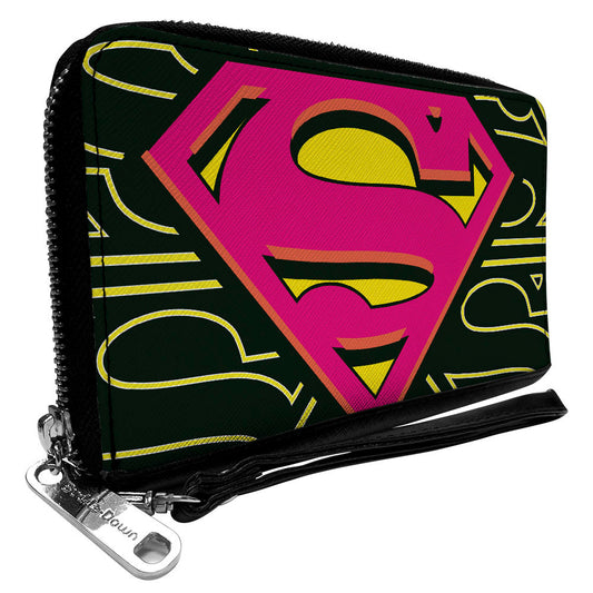 Women's PU Zip Around Wallet Rectangle - Superman Shield CLOSE-UP Outlines Black Yellow Orange Hot Pink