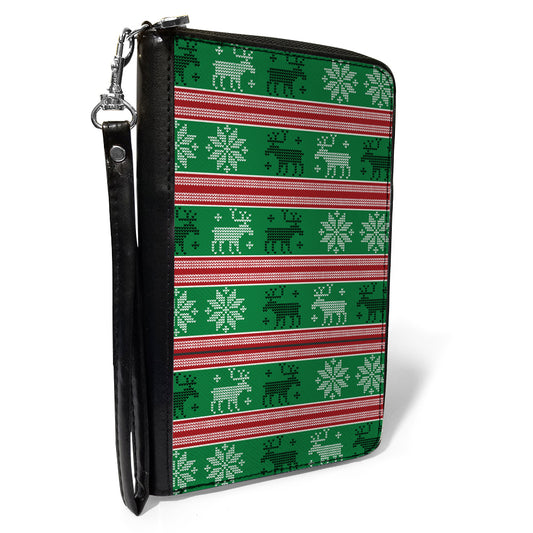 Women's PU Zip Around Wallet Rectangle - Ugly Christmas Sweater Stitch Moose Snowflakes Reds Greens