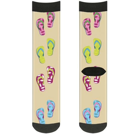 Sock Pair - Polyester - Tropical Flip Flops Tan Multi Color - CREW