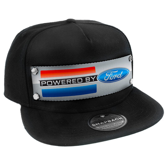 Embellishment Snap Back Hat BLACK - Full Color Strap - POWERED BY FORD Stripe Oval Gray Red Black Blue