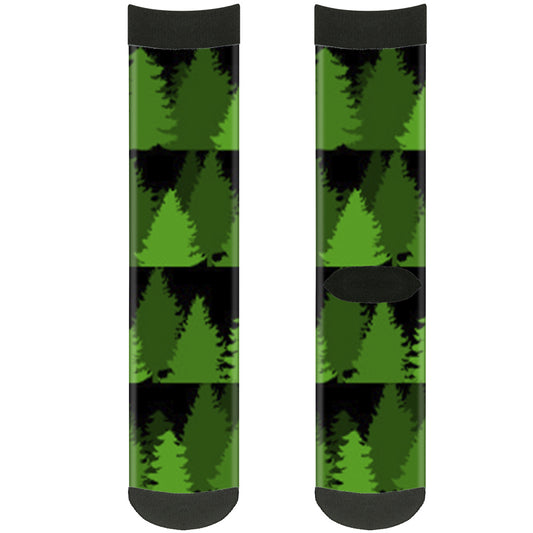 Sock Pair - Polyester - Pine Tree Silhouettes Black Greens - CREW
